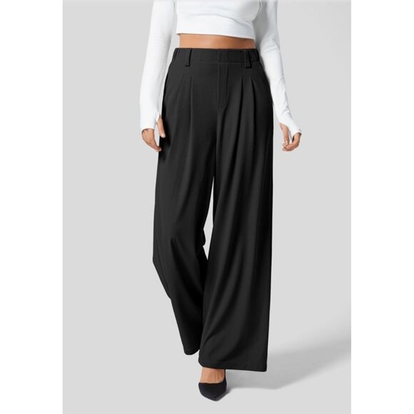 Halara High Waisted Wide Leg Waffle Casual Pants Sz Medium Womens Black Plicated - Picture 1 of 10